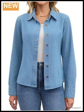 Womens Long Sleeve Denim Shirt Fitted Point Collar Button Down Top
